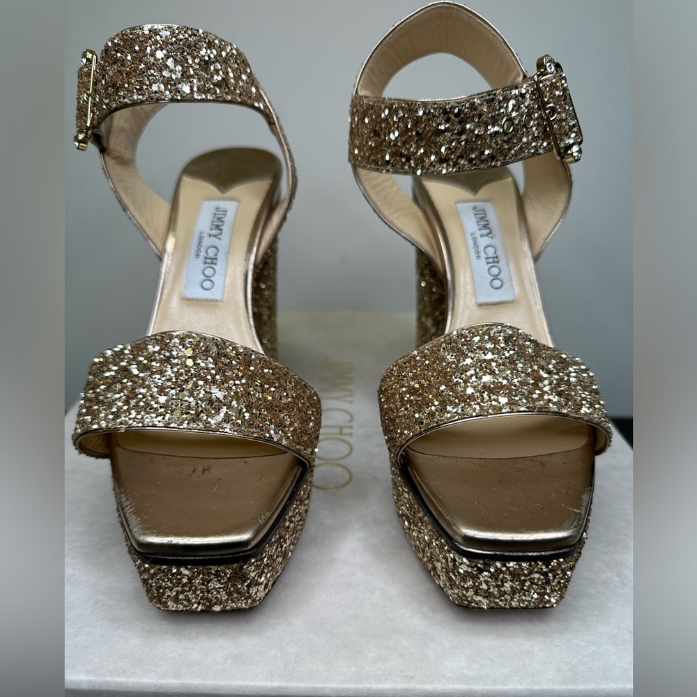 Jimmy Choo Maie Gold Glitter Platform Heels size 38